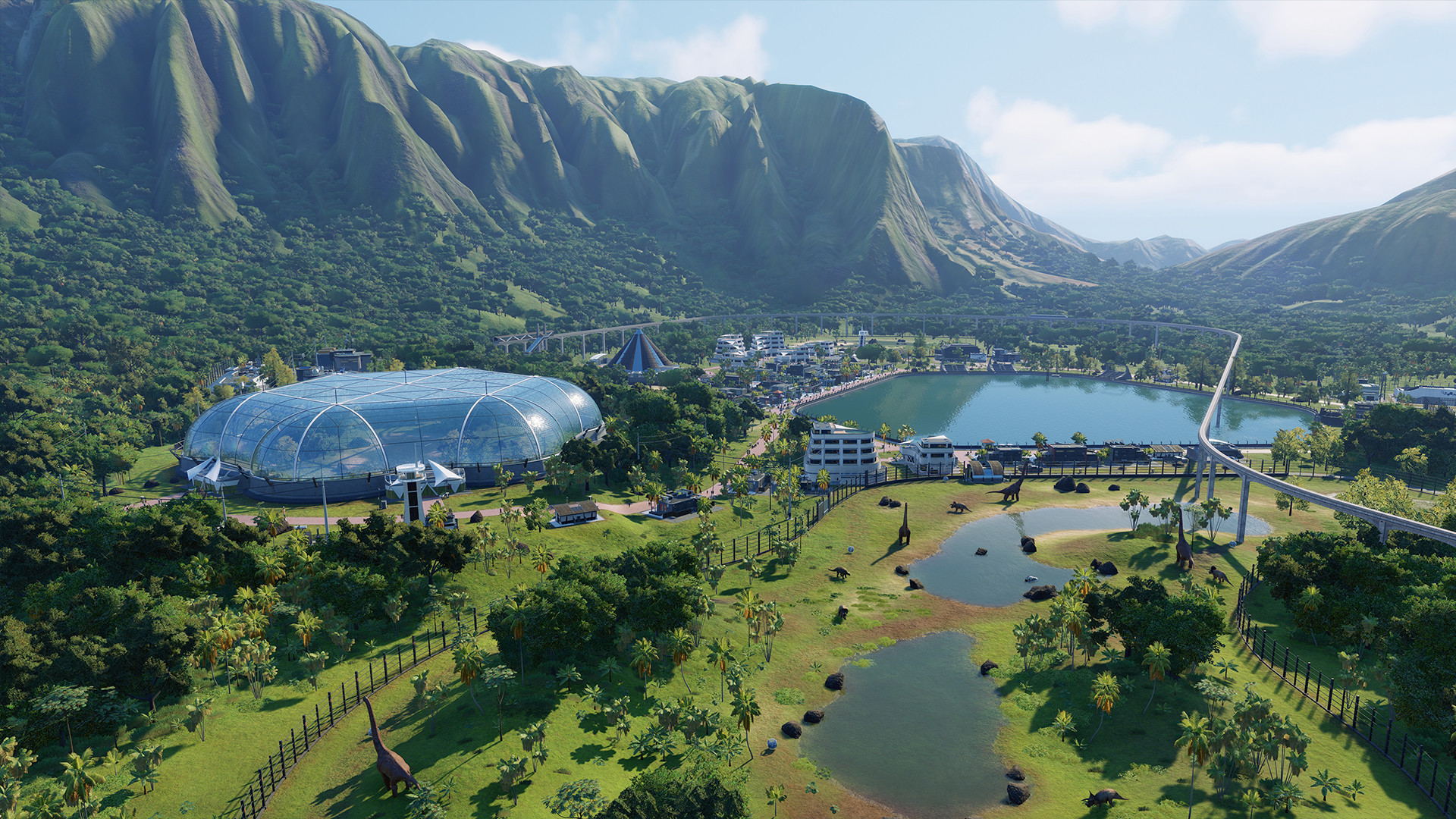 A screenshot of a park during one of the best Jurassic Park games, Jurassic World Evolution 2.