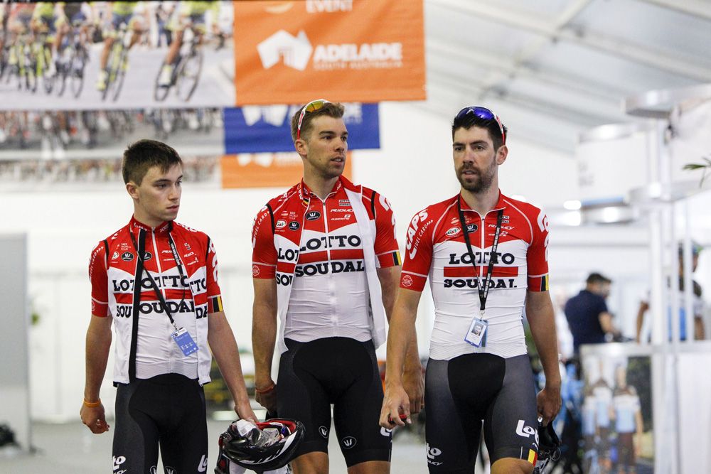 Bjorg Lambrecht (left) with his Lotto Soudal teammates