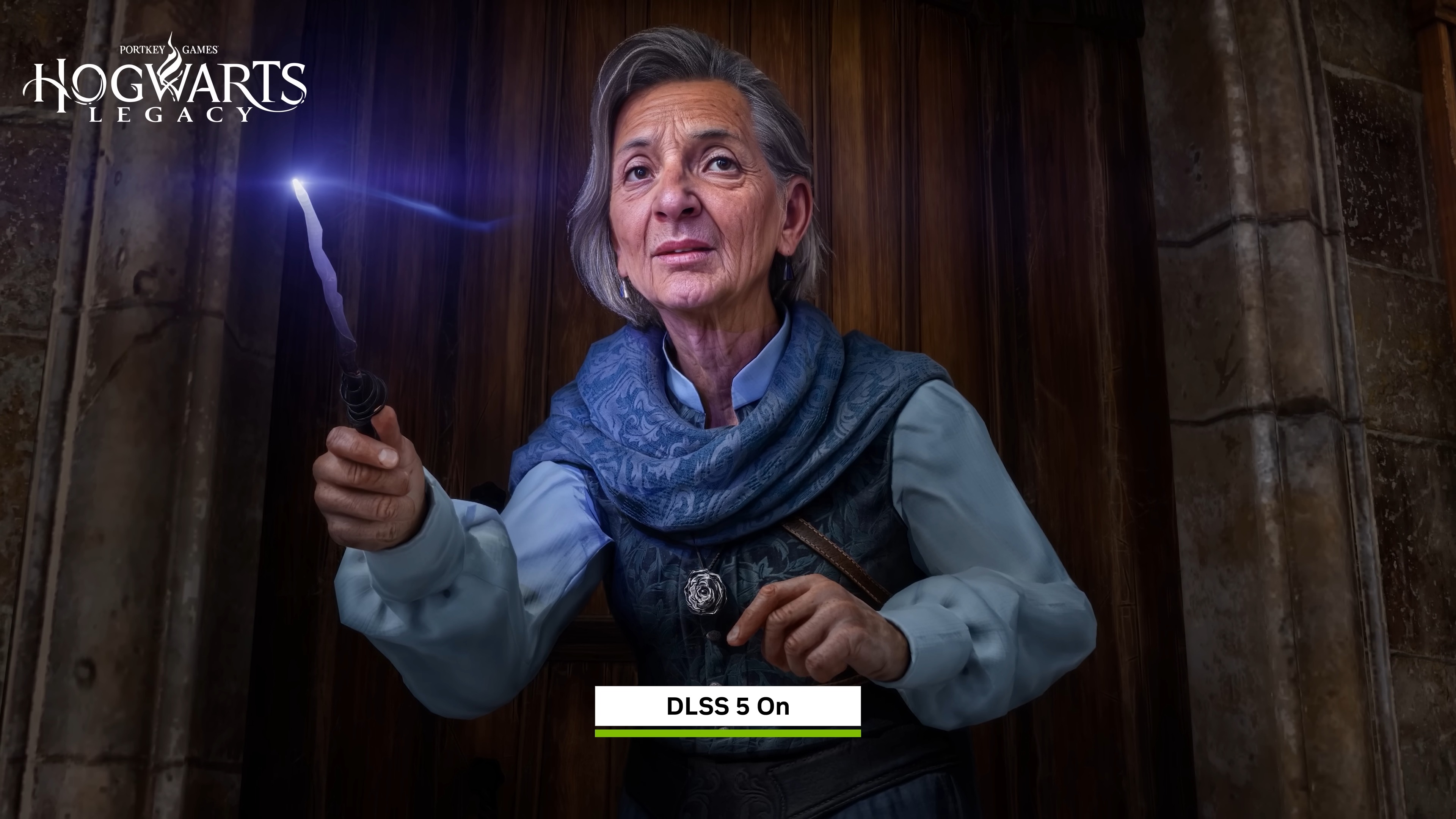 A screenshot of a character from Hogwarts Legacy with DLSS 5 toggled on