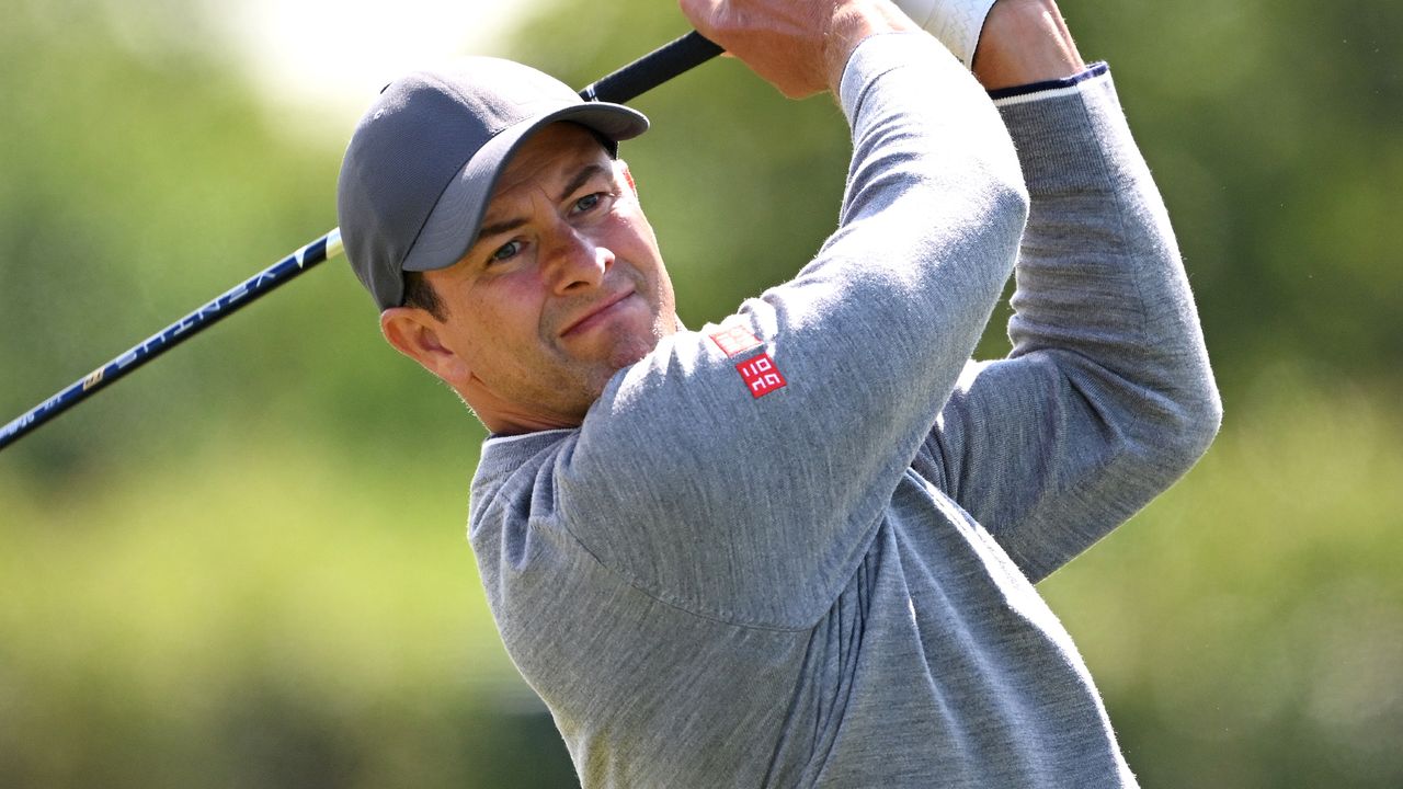 Adam Scott takes a shot during the 2023 Open at Royal Liverpool