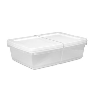 A clear rectangular storage box with a white lid on top