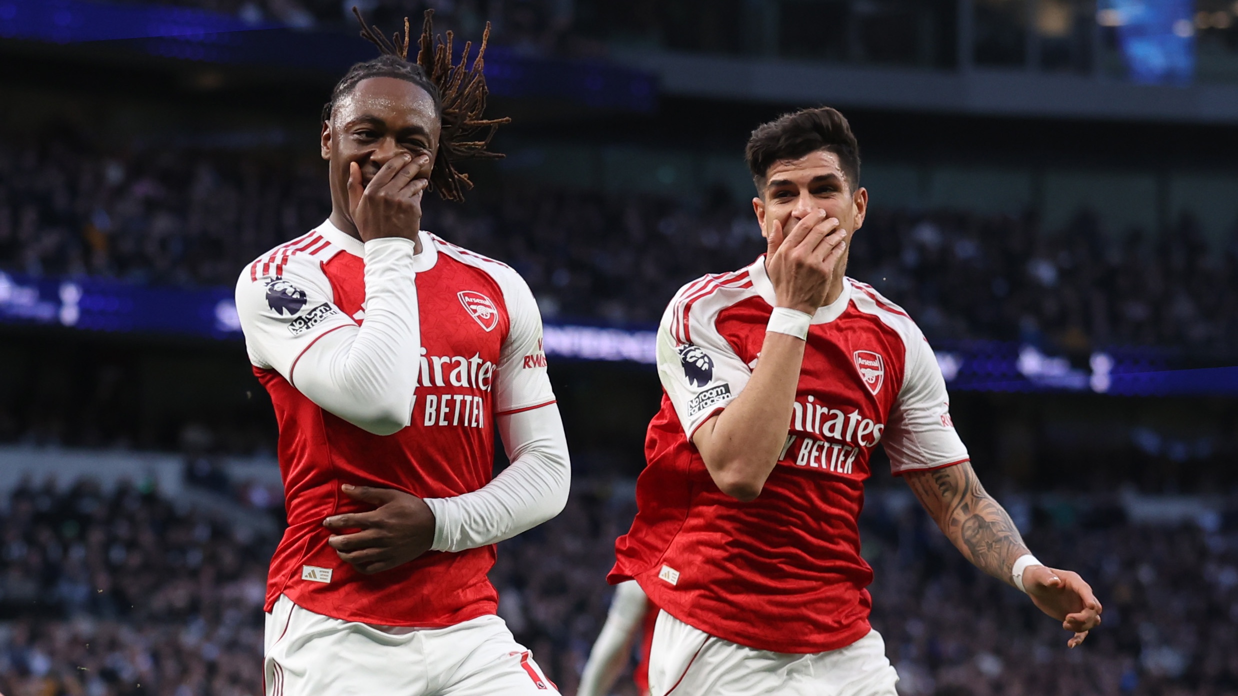Eberechi Eze of Arsenal celebrates after he scores a goal to make it 0-1 during the Premier League match between Tottenham Hotspur and Arsenal at Tottenham Hotspur Stadium on February 22, 2026 in London, England.