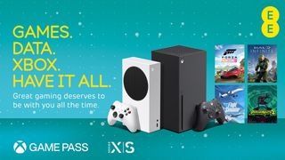 EE advertising image for Xbox bundle, displays Xbox Series X|S and some included games