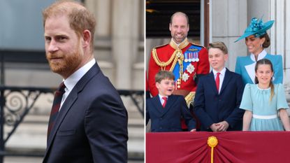 A composite of a picture of Prince Harry in 2026 and a picture of the Wales family at Trooping the Colour 2025