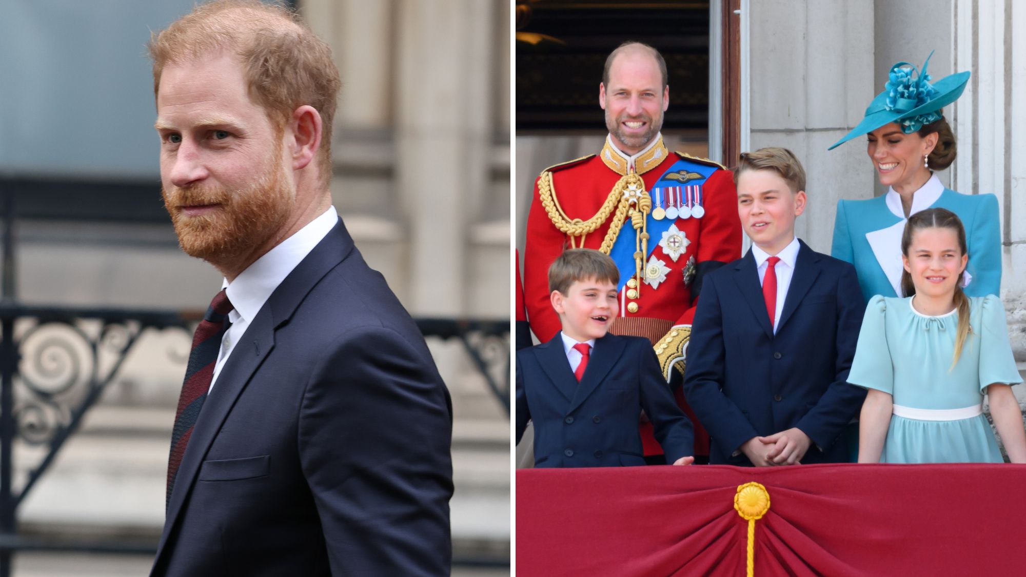 A composite of a picture of Prince Harry in 2026 and a picture of the Wales family at Trooping the Colour 2025