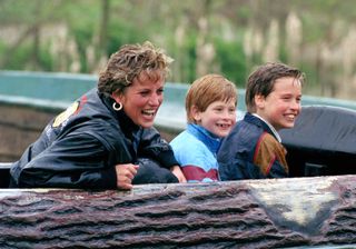 Princess Diana, Prince Harry and Prince William sitting in a log flume with wet hair laughing