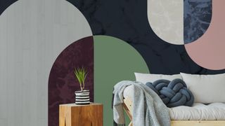 An abtract mural on a wall in a living room by Wallsauce.com