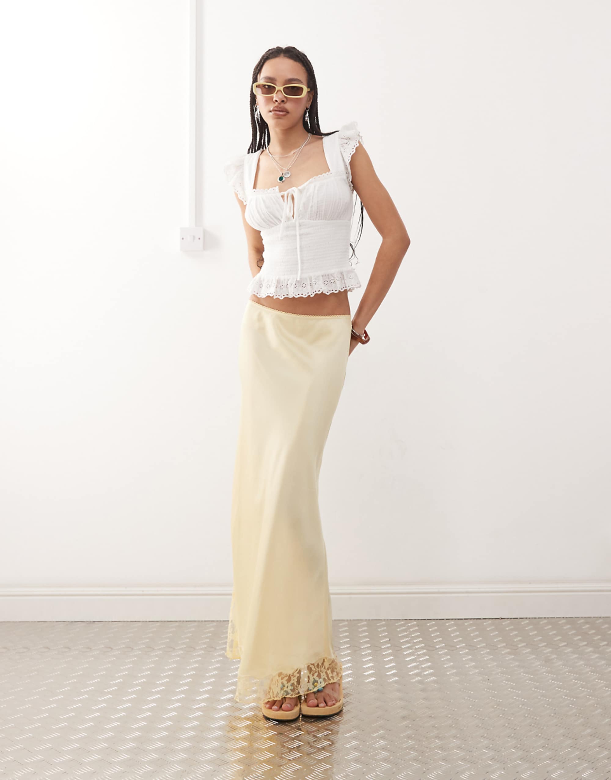Reclaimed Vintage Satin Midi Skirt With Lace Trim in Buttermilk Yellow