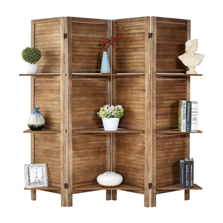 Wood panelled screen divider with shelving