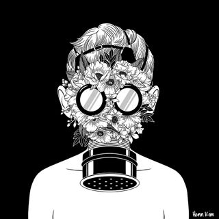 Image of person in a gas mask made of flowers, in black and white