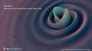 A simulation of the black hole merger event that created a black hole with 250 times the mass of the sun.
