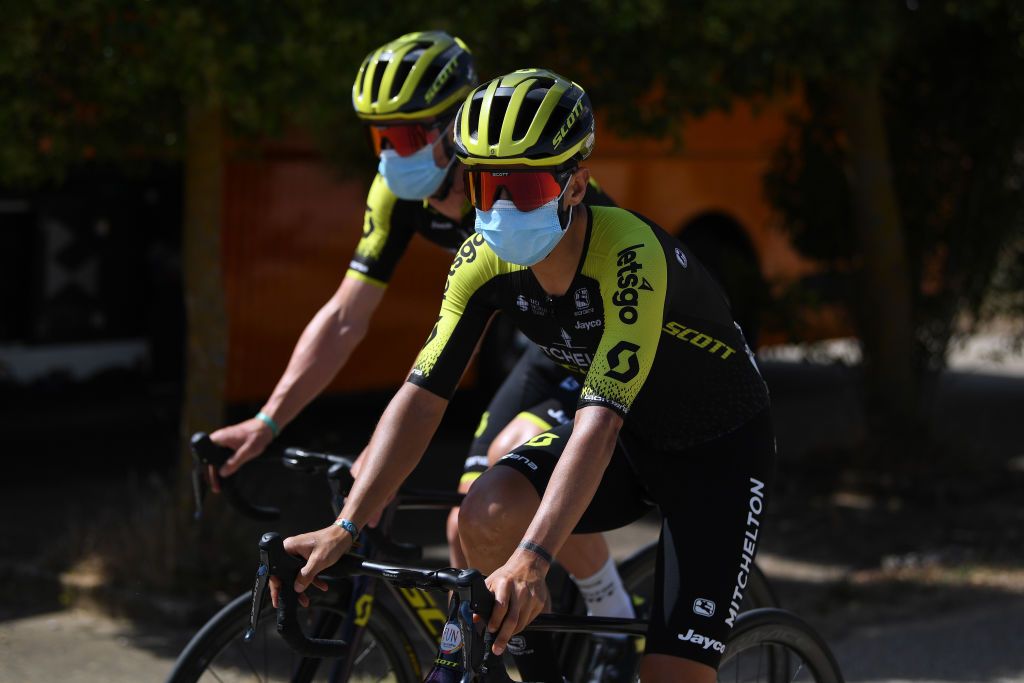 ESPINOSA DE LOS MONTEROS SPAIN JULY 30 Start Esteban Chaves of Colombia and Team MitcheltonScott Sargentes de la Lora Village during the 42nd Vuelta a Burgos 2020 Stage 3 a 150km stage from Sargentes de la Lora to Espinosa de los Monteros Picn Blanco 1486m VueltaBurgos on July 30 2020 in Espinosa de Los Monteros Spain Photo by David RamosGetty Images