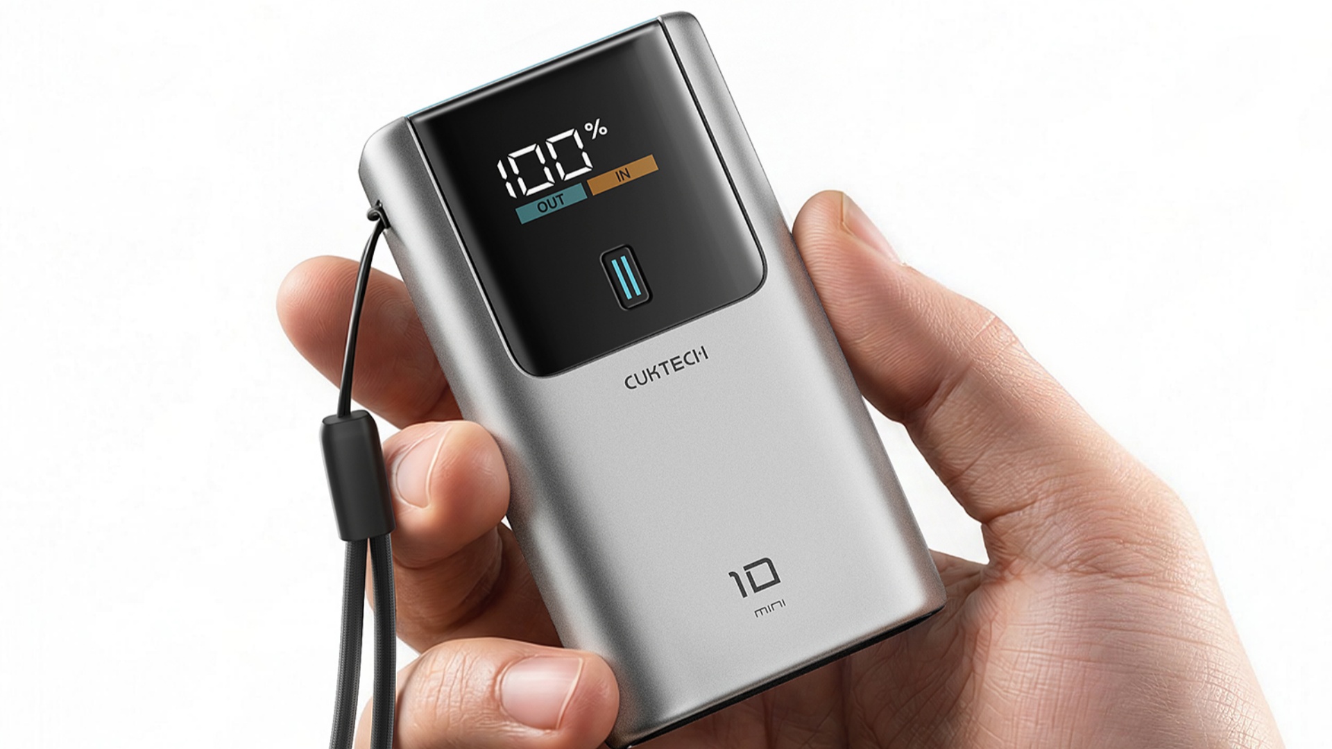 A hand holding the CUKTECH 10 Mini power bank