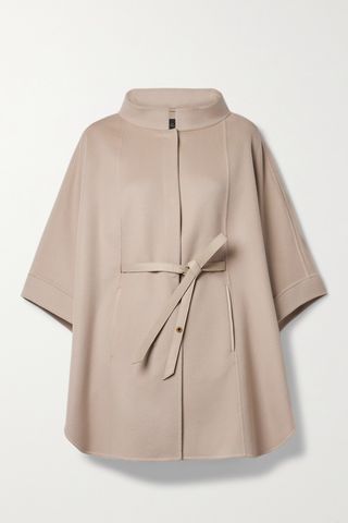 Belted leather-trimmed cashmere cape