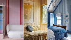 Pink striped siting room, yellow striped bedroom and blue striped bedroom