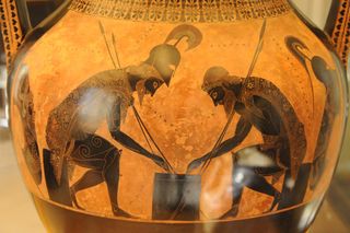 Attic amphora by Exekias depicting Achilles and Ajax playing a game during the Trojan War.