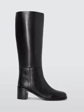 John Lewis Tigerlily Leather Square Toe Stacked Heel Knee High Boots, Black