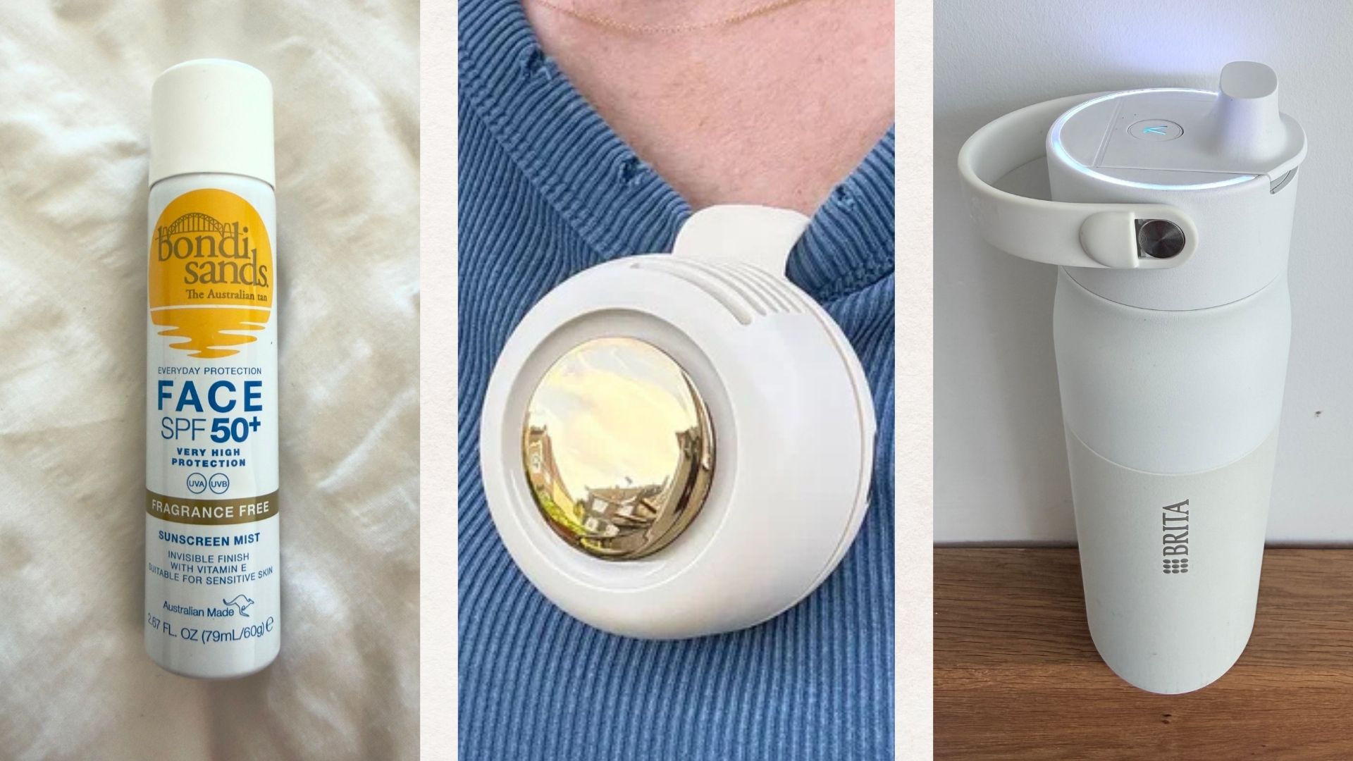 bondi sands mist, fan and BRITA water bottle