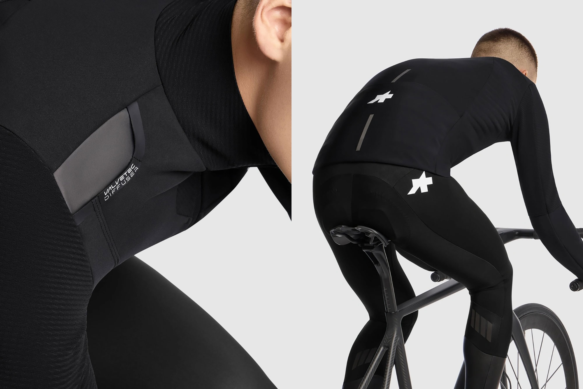 Montage of Assos Johdah S11 jacket; rider from the rear and detail of shoulder vents