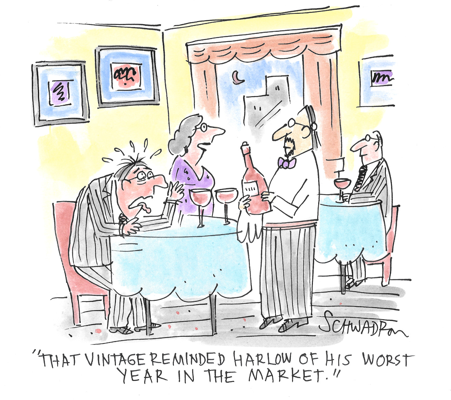 This cartoon depicts a waiter in a fancy restaurant presenting a bottle of red wine to a seated man with a distressed expression, his hair standing on end, and he clutches his chest. A woman at the same table looks concerned and says, "THAT VINTAGE REMINDED HARLOW OF HIS WORST YEAR IN THE MARKET."
