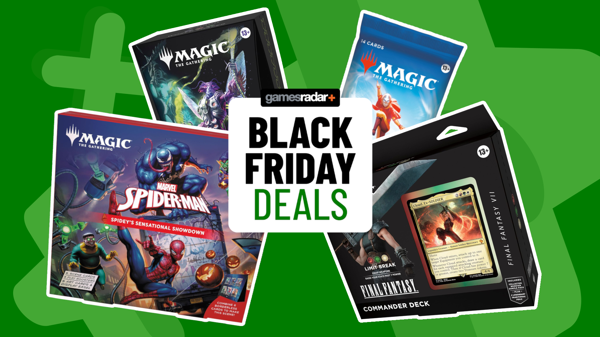 MTG Spider-Man, Edge of Eternities, The Last Airbender, and Final Fantasy products surrounding a GamesRadar+ &#039;Black Friday deals&#039; badge, all against a green background