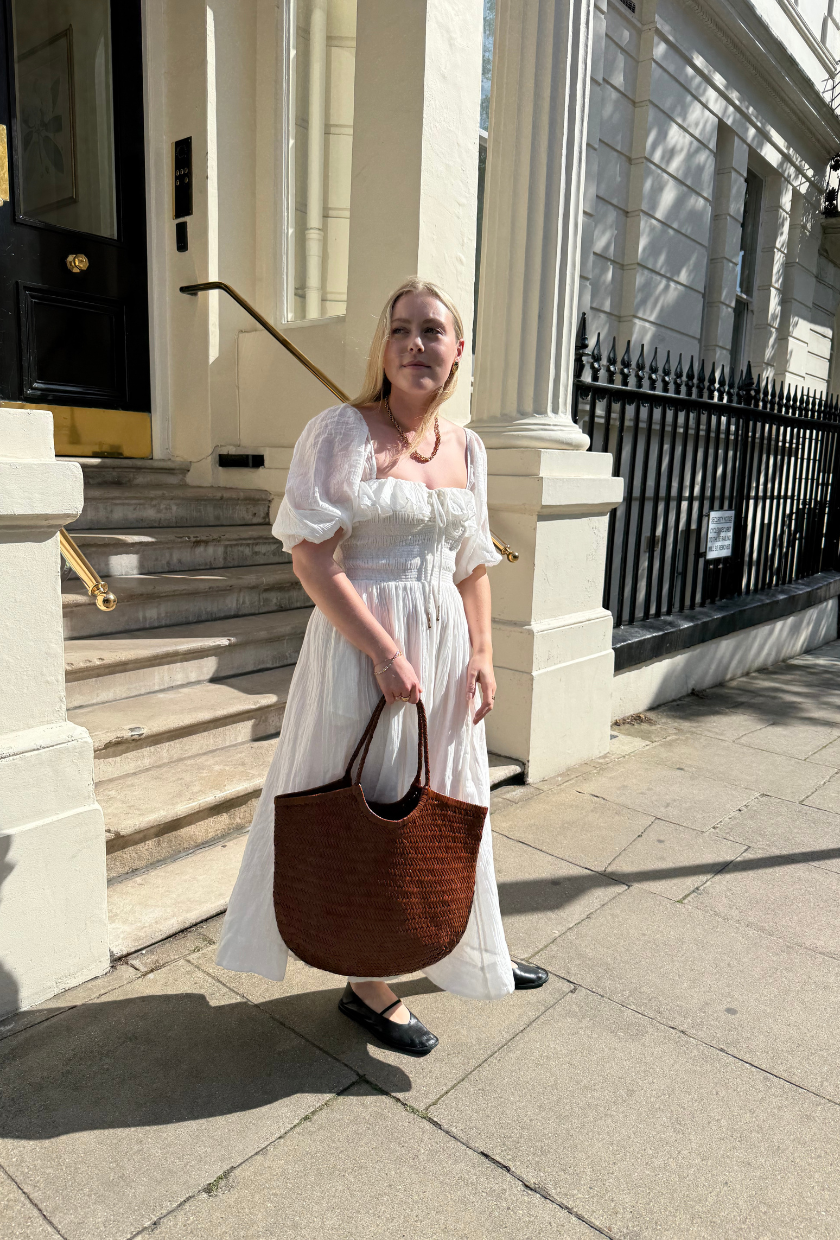 A collage ofBest Knockoff Luxury Clothing
 UK Shopping Editor, Florrie Alexander, wearing the Anthropology Nola bag.