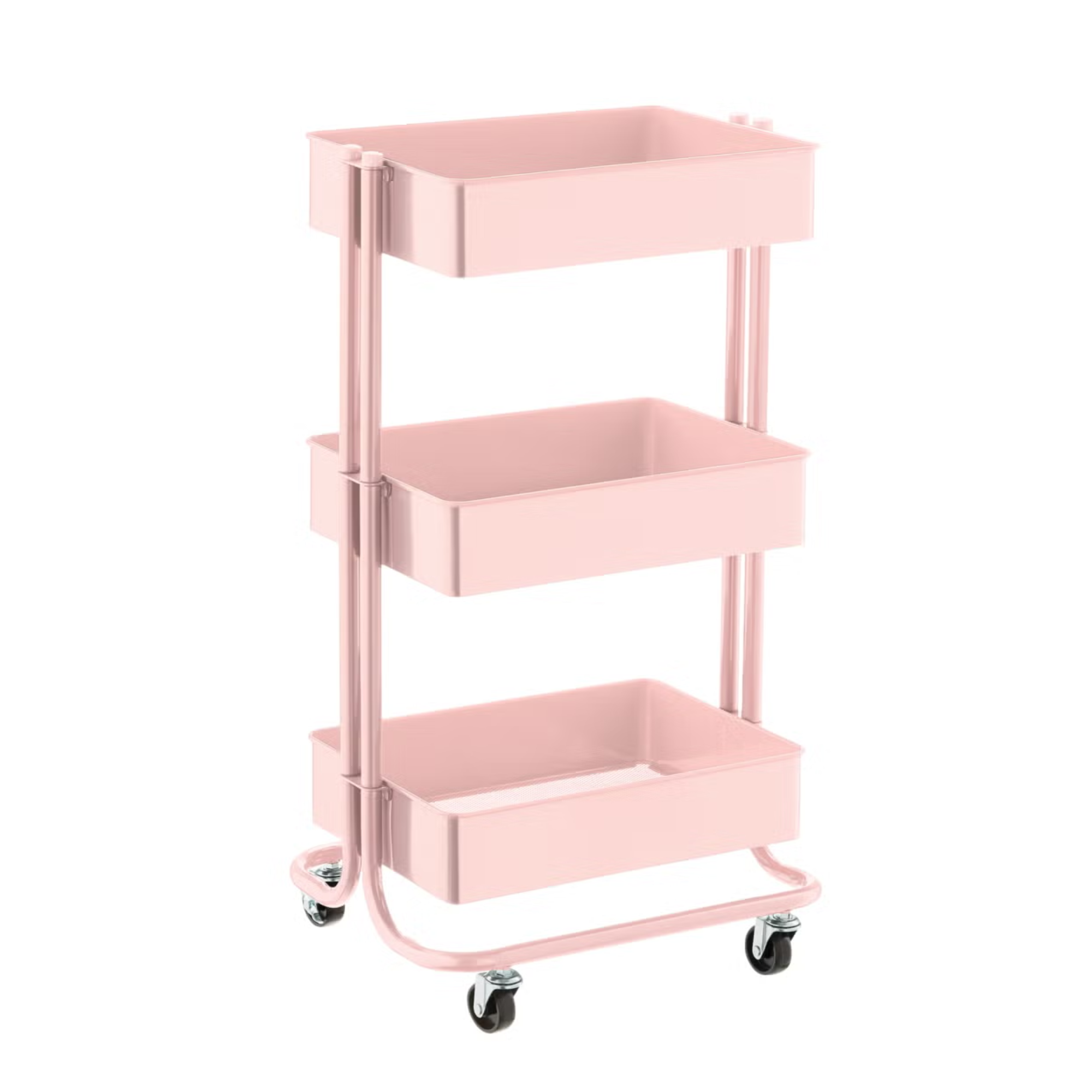 pink rolling cart with three shelves