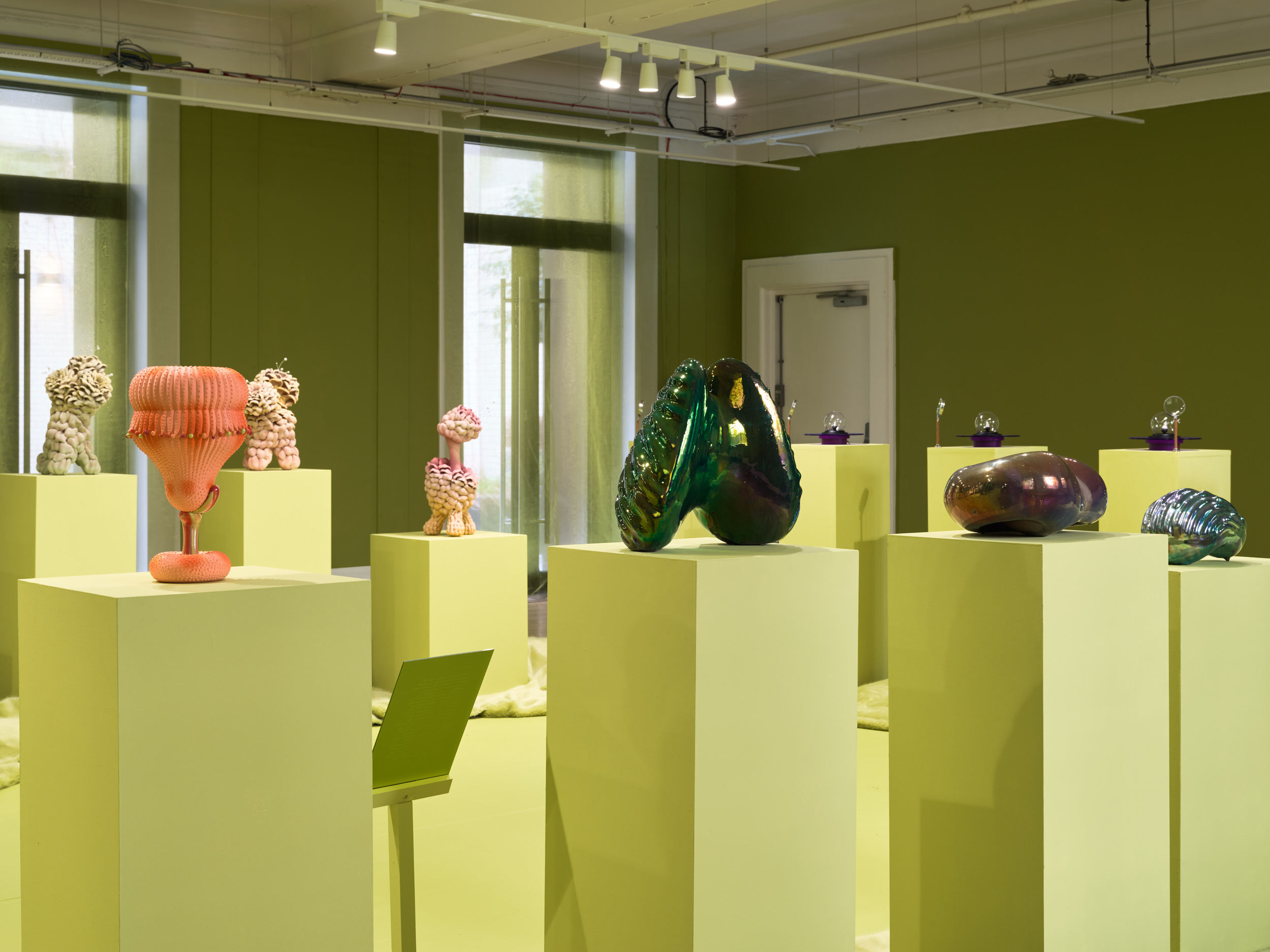 Futuristic ceramics in green gallery space at County Hall Pottery
