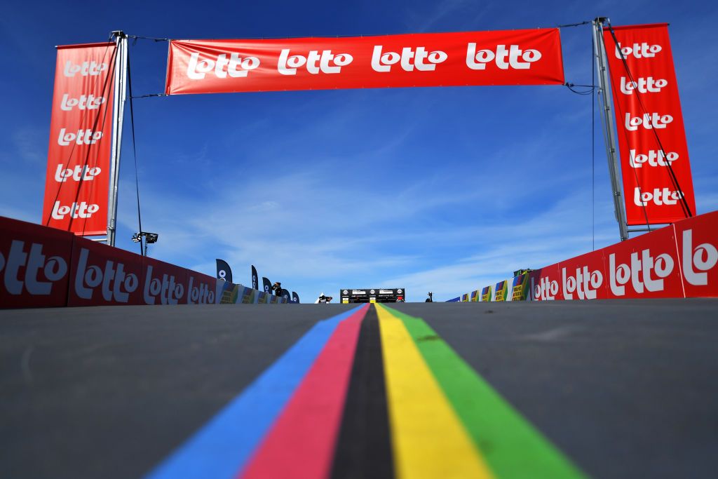 BRUGES BELGIUM SEPTEMBER 21 A general view of the at start area ramp prior to the 94th UCI Road World Championships 2021 Men Junior ITT a 223km Individual Time Trial race from KnokkeHeist to Bruges flanders2021 ITT on September 21 2021 in Bruges Belgium Photo by Luc ClaessenGetty Images