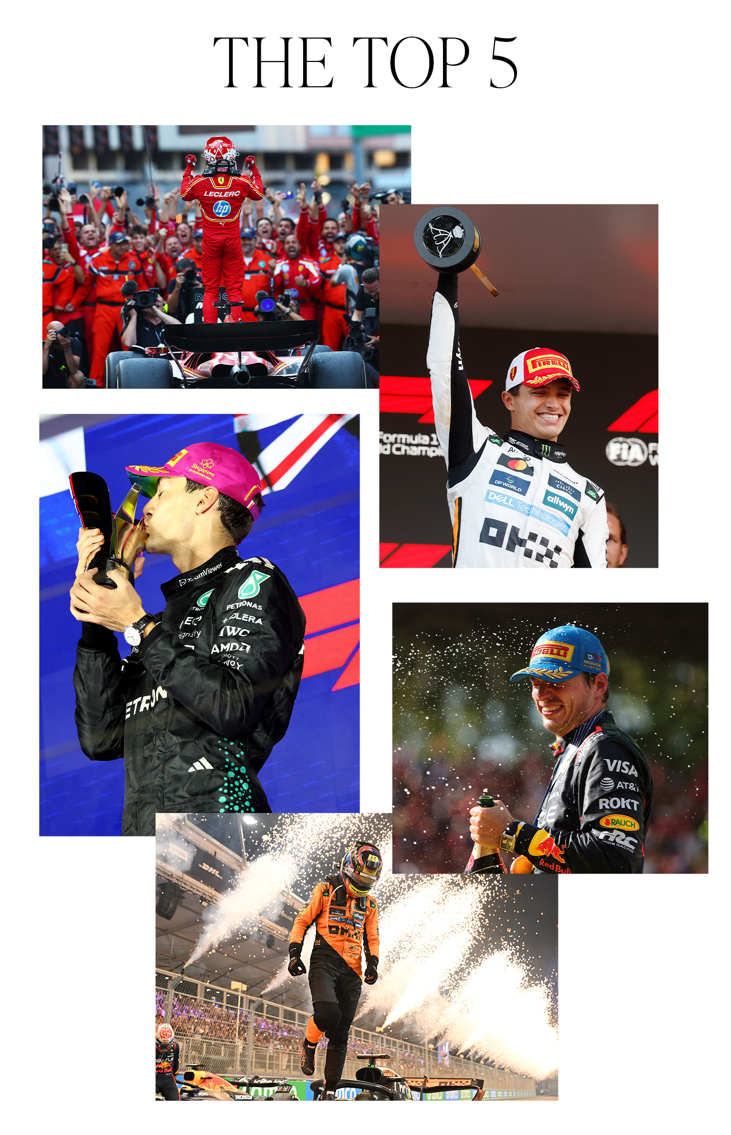 A collage of photos of the top five drivers in the F1 World Championship in 2025, including Charles Leclerc, Lando Norris, Oscar Piastri, Max Verstappen, and George Russell.