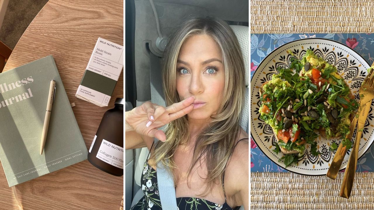 A wellness journal, supplements, Jennifer Aniston and a bowl of salad