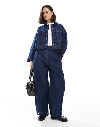 Asos Design Barrel Leg Jean With Tab Detail in Indigo Co-Ord