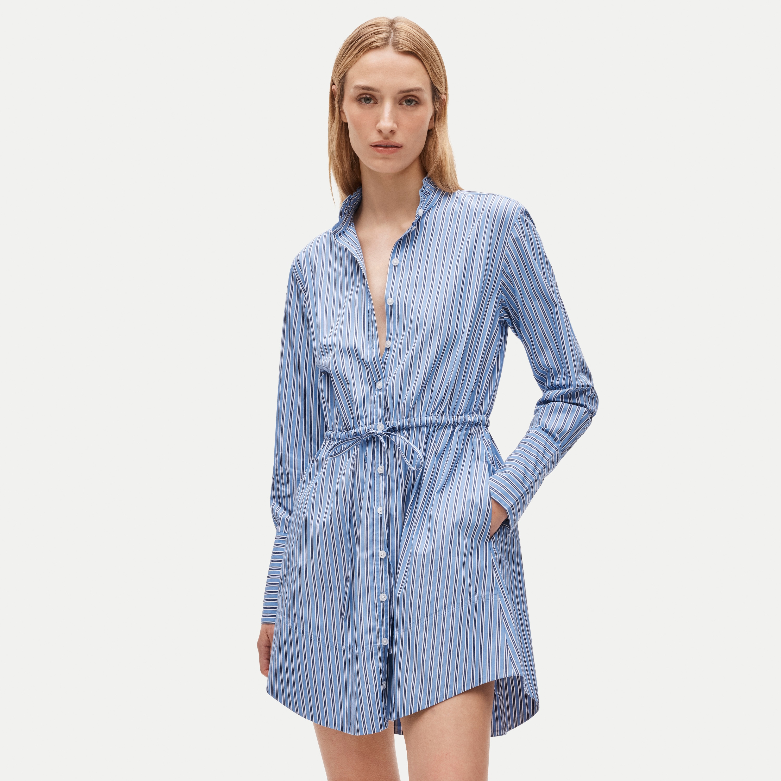 Ruffle-Collar Mini Shirt-Dress in Striped Greenwich Poplin