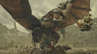 Promotional screenshot of a player being assaulted by a Gypceros in Monster Hunter Wilds