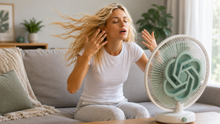 Image of blonde woman with fan