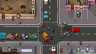 A chaotic traffic intersection in Streets of Rogue 2 that seems toe be undergoing a simultaneous car accident and attack by a knife-wielding assailant.