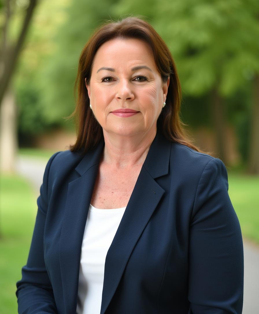 A pension aged woman dressed smartly in a blazer in a park