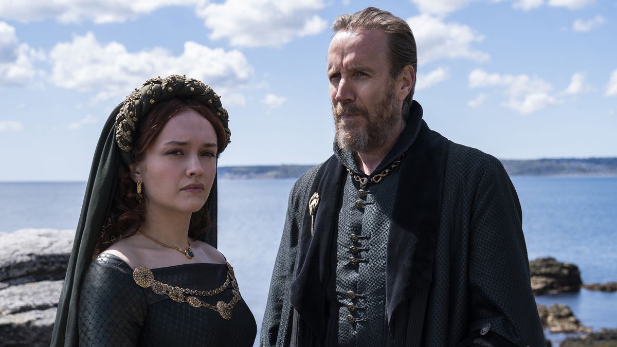 Olivia Cooke as Alicent Hightower and Rhys Ifans as Otto Hightower in "House of the Dragon" on HBO and HBO Max.