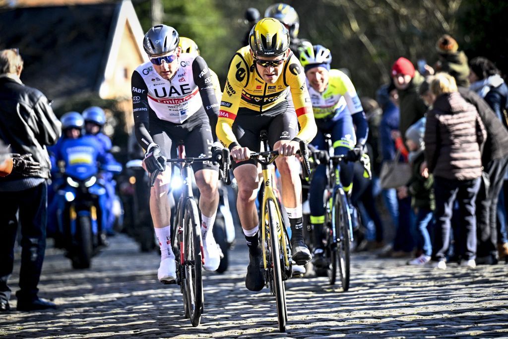Belgian Tim Wellens of UAE Team Emirates Belgian Tiesj Benoot of JumboVisma and Dutch Taco van der Hoorn of IntermarcheCircusWanty pictured in action during the KuurneBrusselsKuurne one day cycling race 193 km from Kuurne to Kuurne via Brussels Saturday 25 February 2023 BELGA PHOTO JASPER JACOBS Photo by JASPER JACOBS BELGA MAG Belga via AFP Photo by JASPER JACOBSBELGA MAGAFP via Getty Images