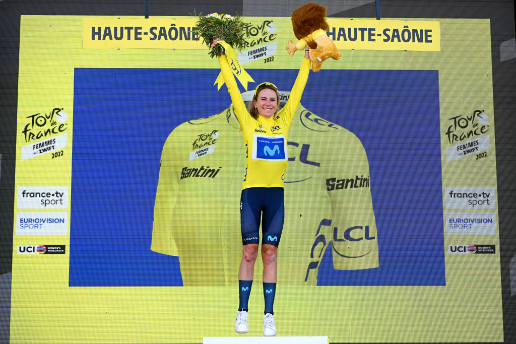 PLANCHE DES BELLES FILLES FRANCE JULY 31 Annemiek Van Vleuten of Netherlands and Movistar Team Yellow Leader Jersey celebrates at podium as final overall winner during the 1st Tour de France Femmes 2022 Stage 8 a 1233km stage from Lure to La Super Planche des Belles Filles TDFF UCIWWT on July 31 2022 in Planche des Belles Filles France Photo by Dario BelingheriGetty Images