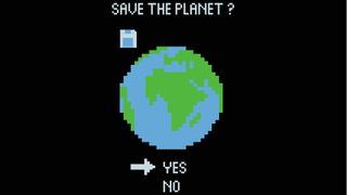 A gaming-style image of the planet with a 'save the planet?' message