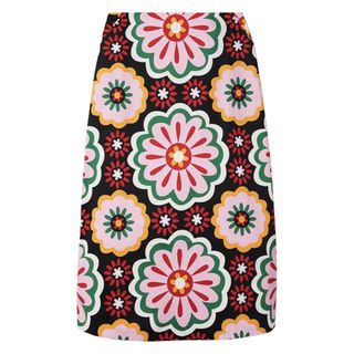 Slightly a-lined skirt with black base and large floral over print in pinks blues and whites