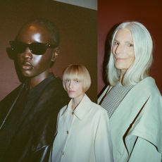 three models wearing black or white jackets, one with sunglasses, in a collage against a red wall. all three have dewy skin