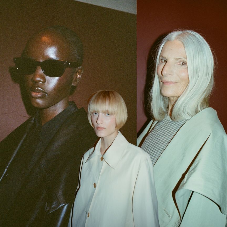 three models wearing black or white jackets, one with sunglasses, in a collage against a red wall. all three have dewy skin