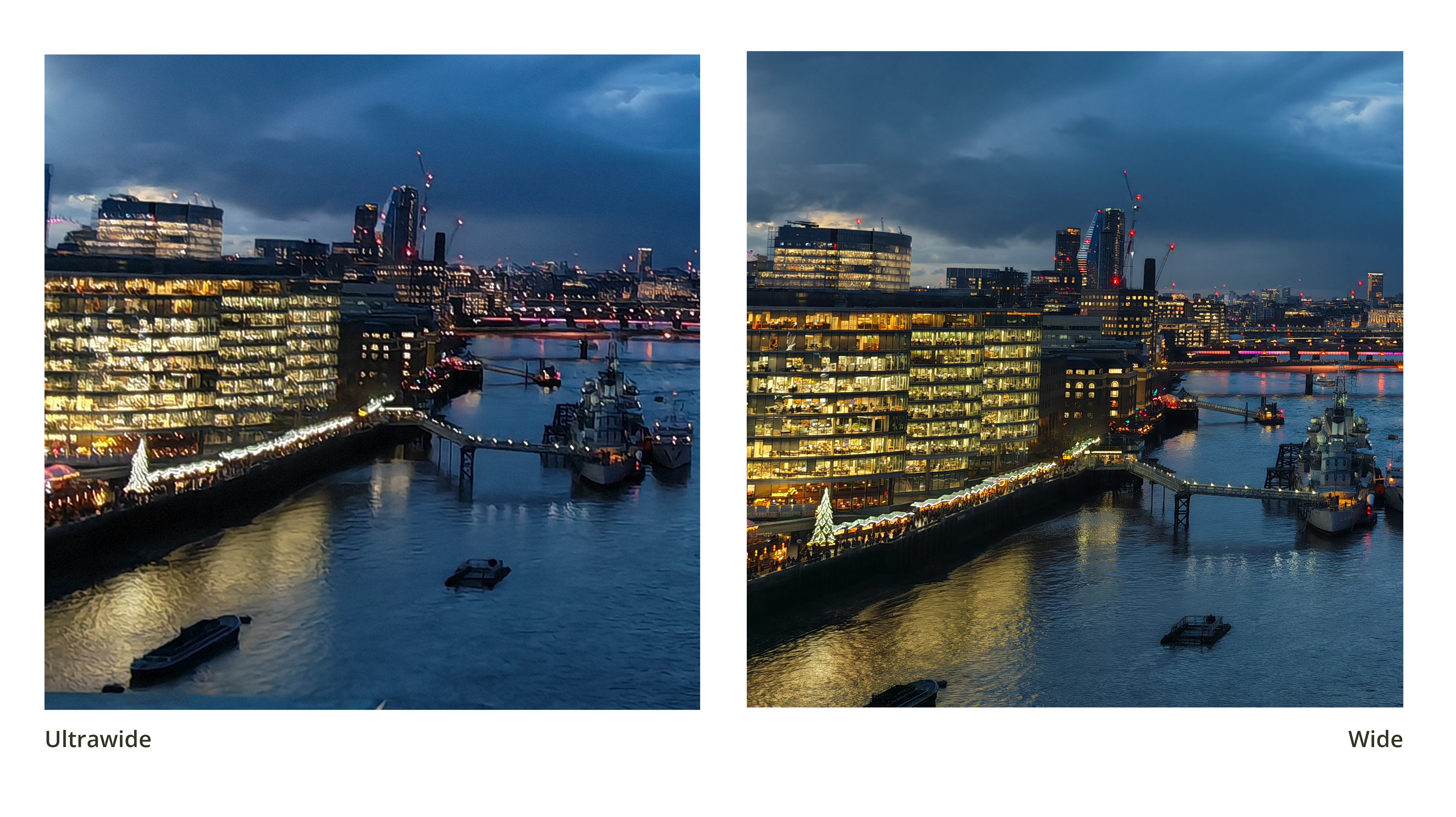 Two images of the River Thames at night next to each shot on two different cameras