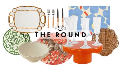 Assorted outdoor tableware, including dinner plates, platters, sculptural bowls, and flatware, pictured against a white background