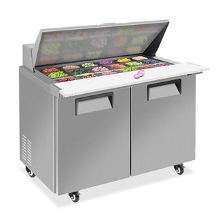 Rovsun 48"w Sandwich & Salad Prep Table Refrigerator made of Stainless Steel with Cutting Board on front edge and Lockable wheels