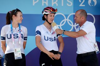 Chloe Dygert and Kristen Faulkner riding for team USA at the Paris 2024 Olympics