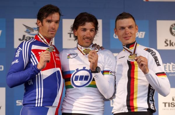 The elite men's podium (L-R): David Millar, Fabian Cancellara and Tony Martin