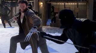 Hugh Jackman fighting Ninjas as Wolverine